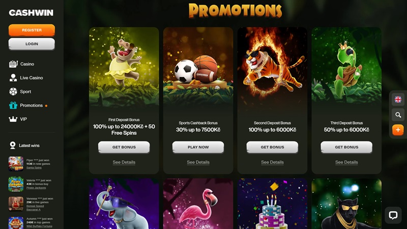 Webseiten des Online-Casinos CashWin