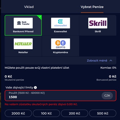 NineCasino vklad a výběr prostředků