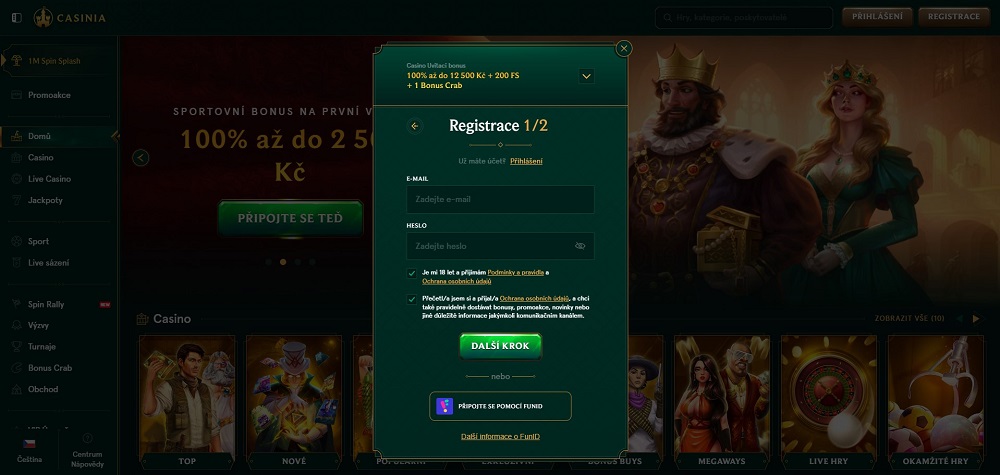 Casinia náhled registrace