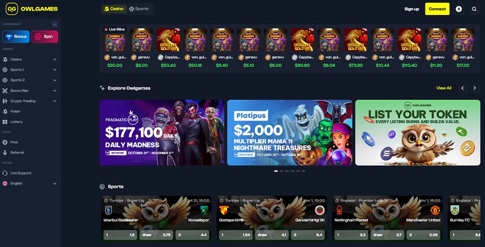 OwlGames casino homepage