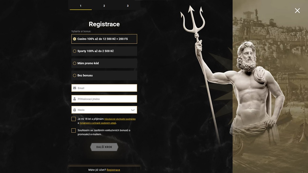 Náhled registračního formuláře se štědrým uvítacím bonusem v online casinu a sázkové kanceláři Casinoly