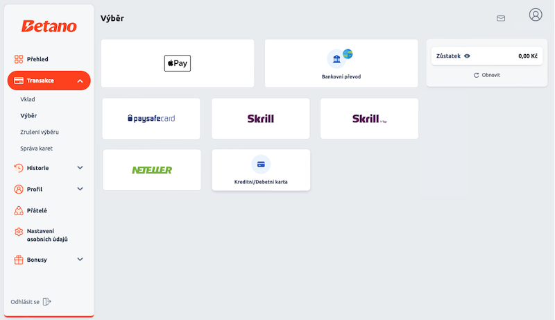 Betano nabízí na výběr několik platebních metod pro výběry