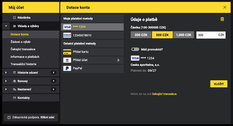 Fortuna nabízí několik platebních metod pro vklady