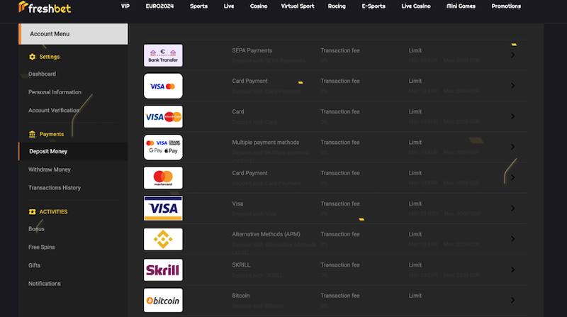 Vklad a výběr peněz na platformě Freshbet