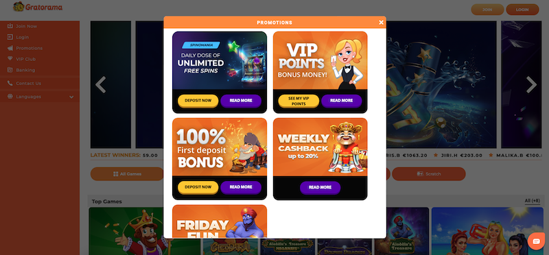 Bonus offers at online casino Gratorama