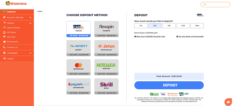 Přehled nabízených platebních metod v casinu Gratorama