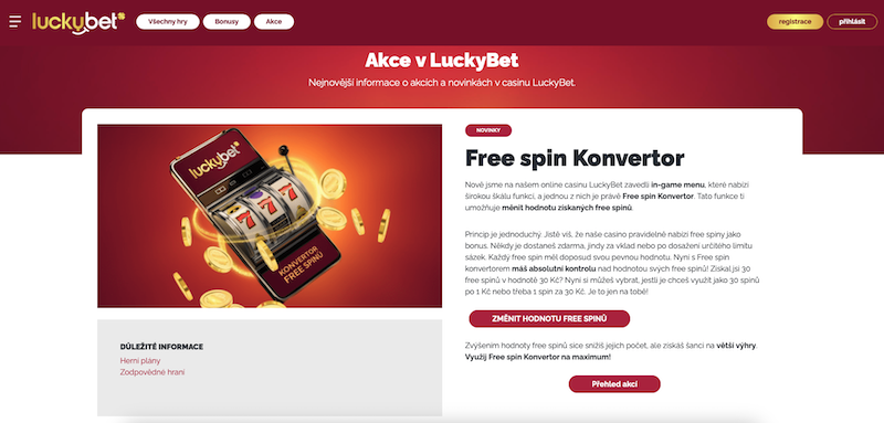 Konvertor free spinů v casinu LuckyBet