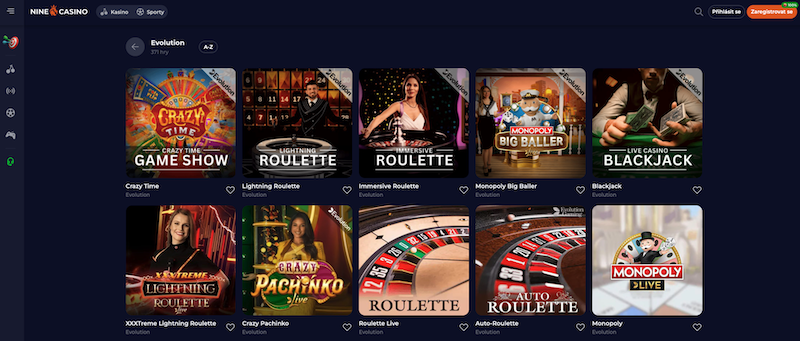 Hry od Evolution v casinu NineCasino