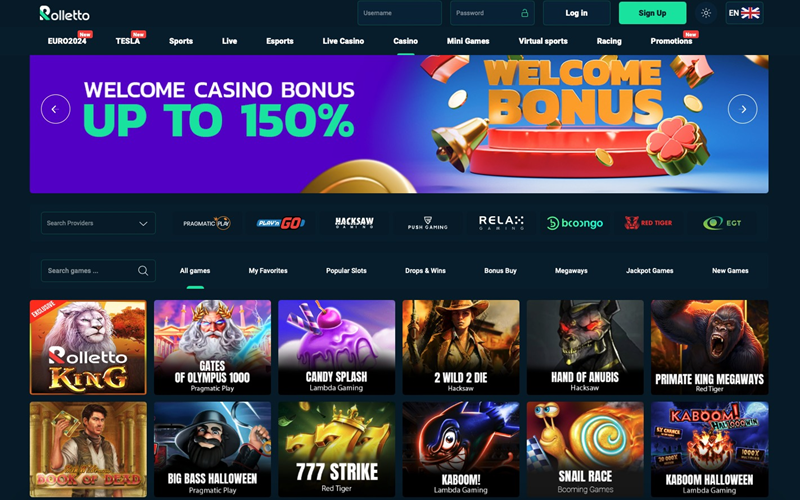 Rolletto casino uvodní stránka