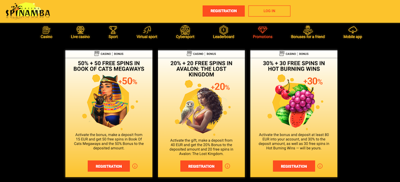 Offer of bonuses at Spinamba online casino