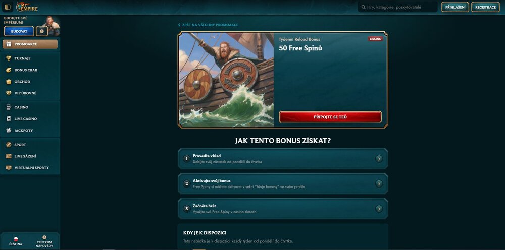 my empire free spiny z týdenního reload bonusu