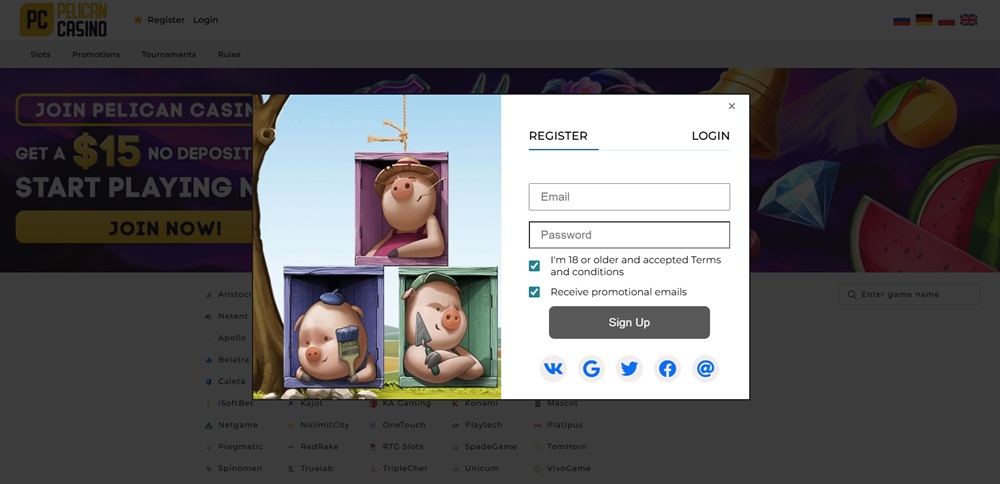 pelican casino registrace úvodní