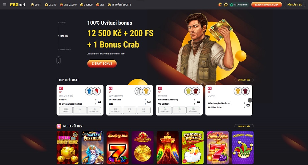 Náhled úvodní stránky v online casinu FEZbet se štědrým uvítacím bonusem