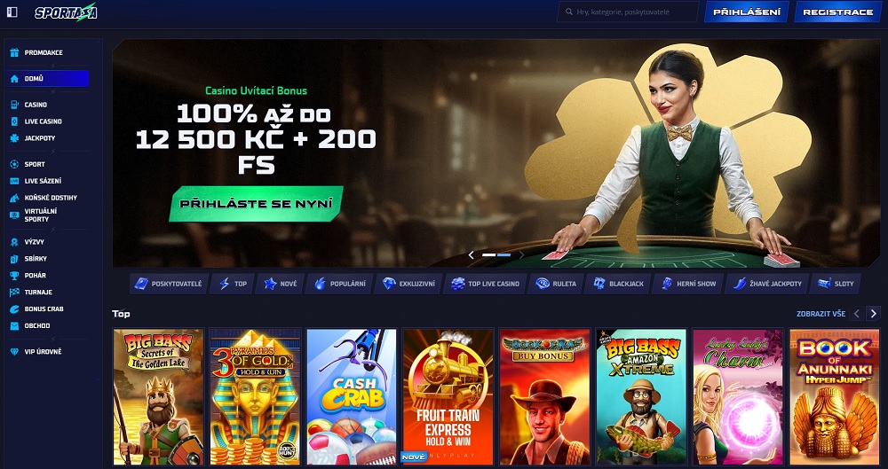 Náhled úvodní stránky a uvítacího balíčku pro nové hrače v online casinu Sportaza 