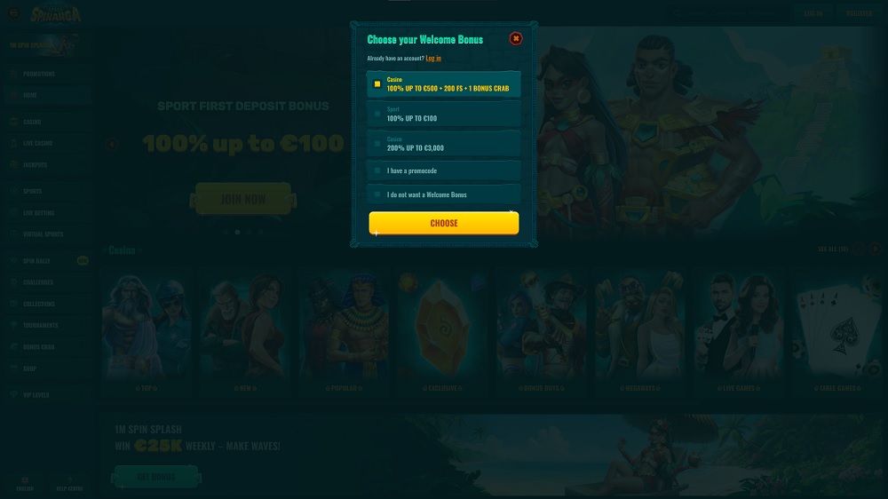 Preview of the welcome bonus selection at Spinanga online casino