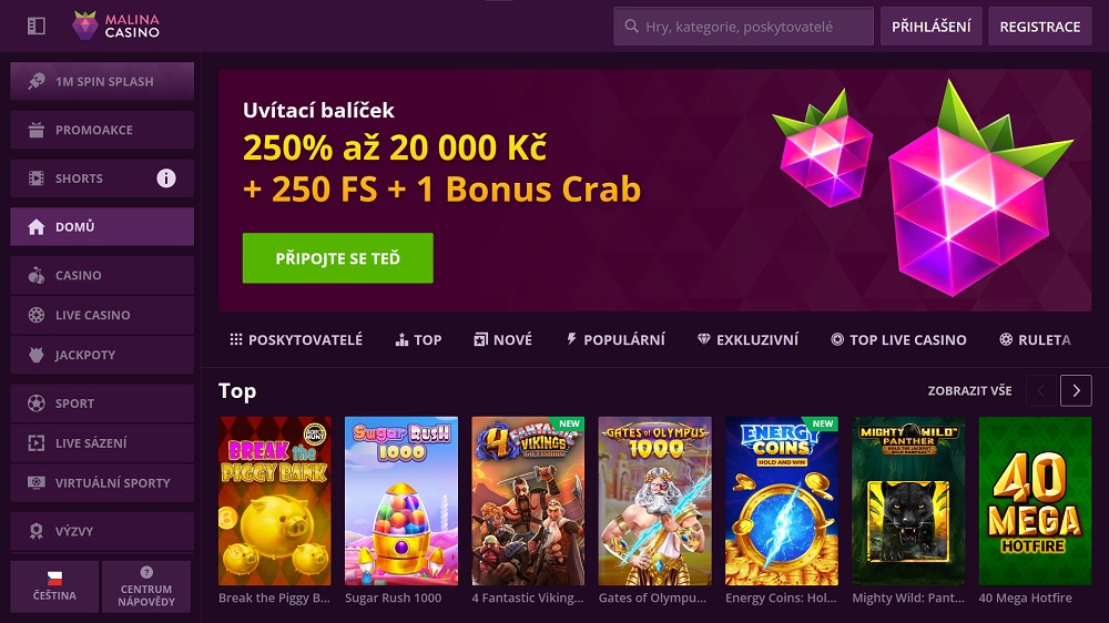 Náhled uvítácího balíčku a online slotů v online casinu Malina Casino