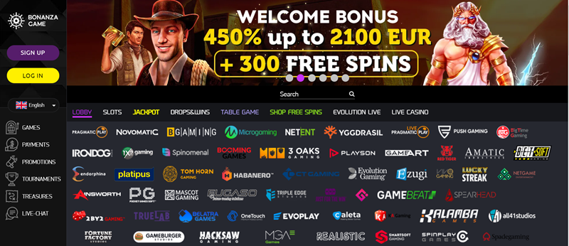 BonanzaGame casino úvodní strana