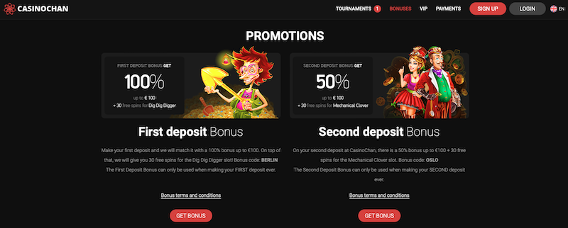 Bonus bez vkladu chybí v nabídce casina CasinoChan