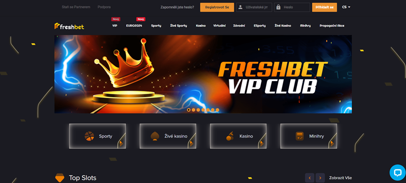 Freshbet aplikace úvodní strana