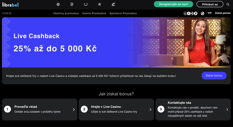 Promoakce Live cashback v online casinu LibraBet