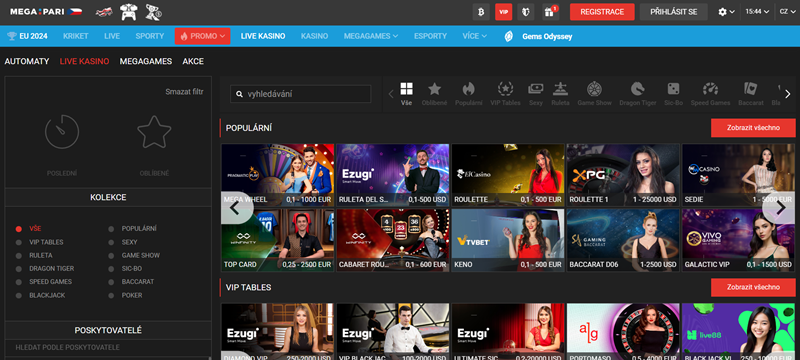 Megapari-live casino úvodní strana