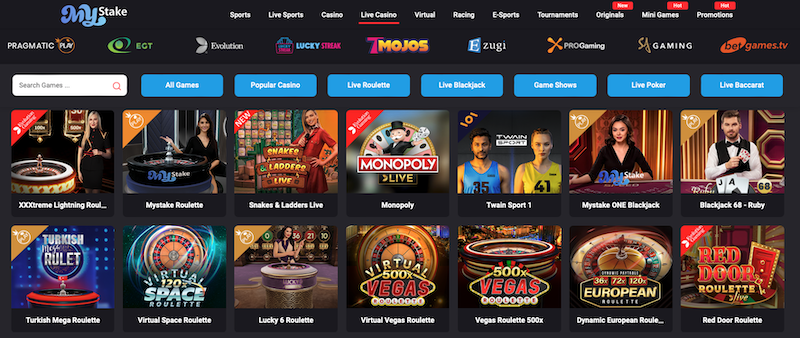 Live sekce v casinu MyStake