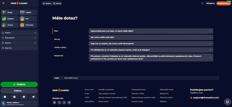 Často kladené dotazy na platformě NineCasino