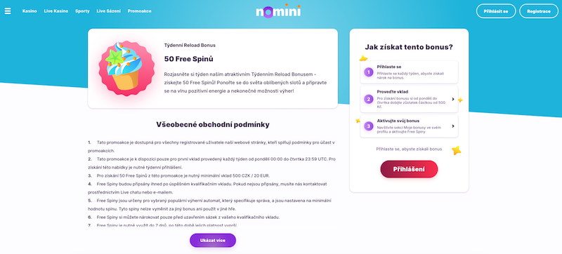 Týdenní reload bonus v casinu Nomini
