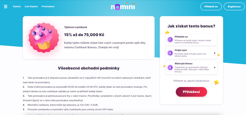 Týdenní cashback v casinu Nomini