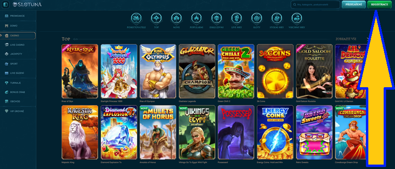 Slotuna registrace úvodní strana