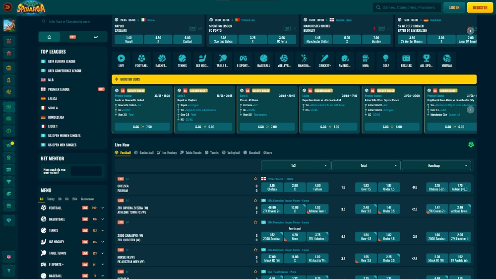 Preview of the sports section at Spinanga bookmaker