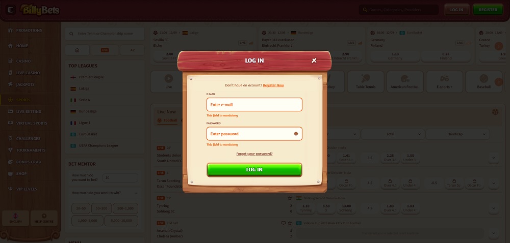 BillyBets login