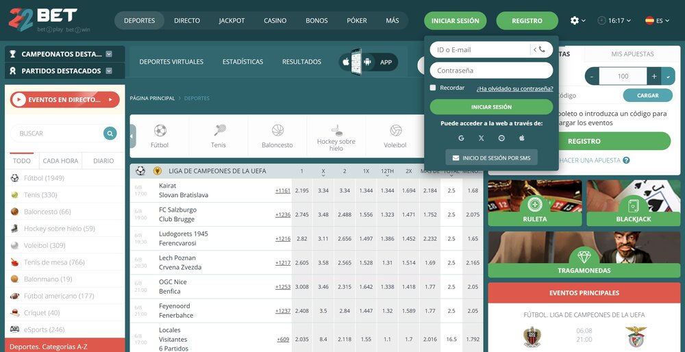 22BET inicio de sesión