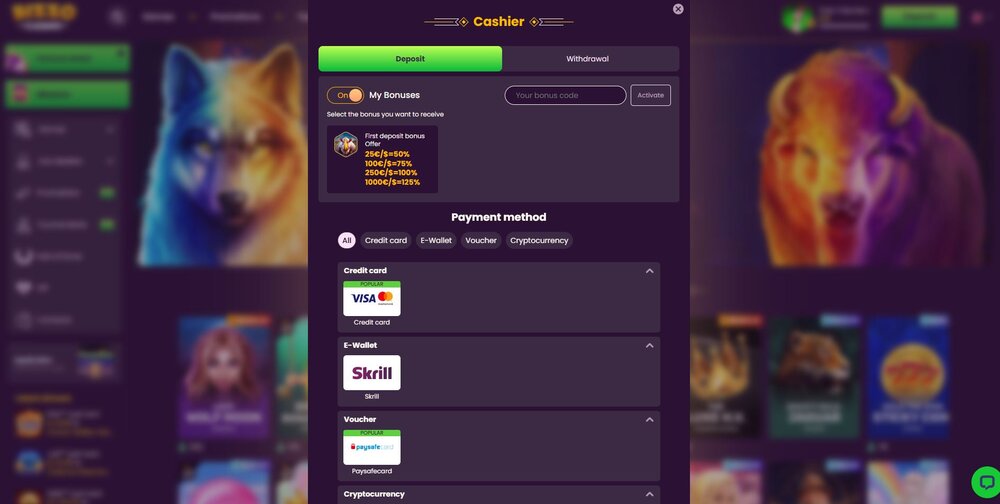 bizzo casino payment methods