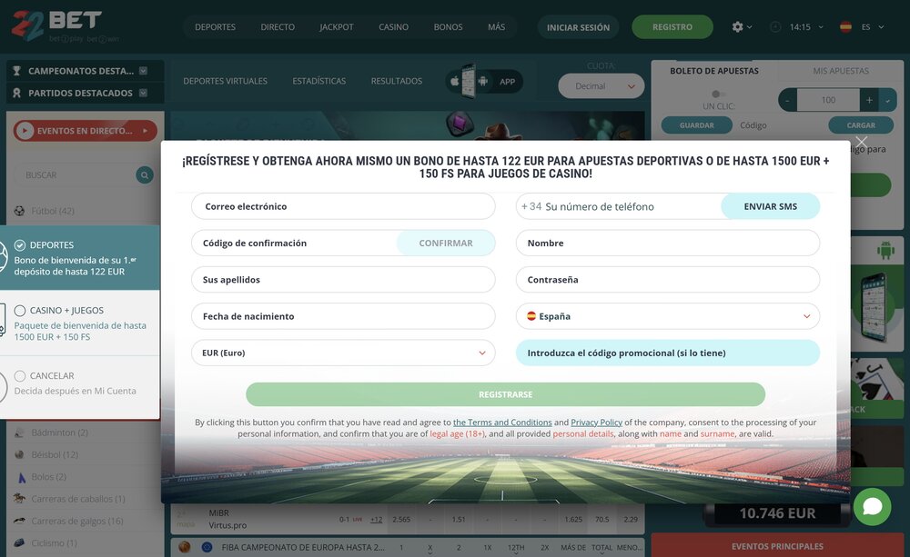 22BET registro