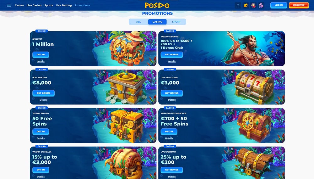 Preview of bonuses and promotions which include free spins at the Posido online casino