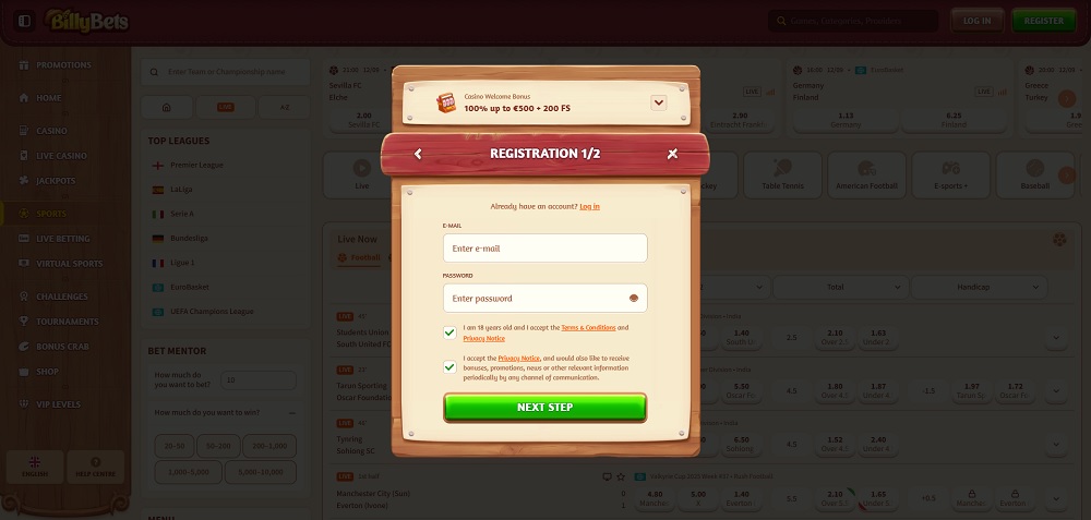BillyBets registration