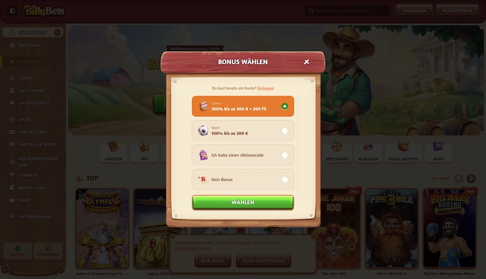 BillyBets Registrierung