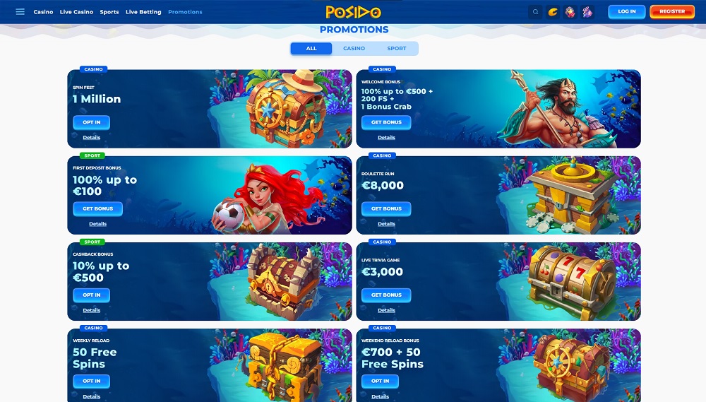 Preview of generous bonuses and promotions at Posido online casino and bookmaker