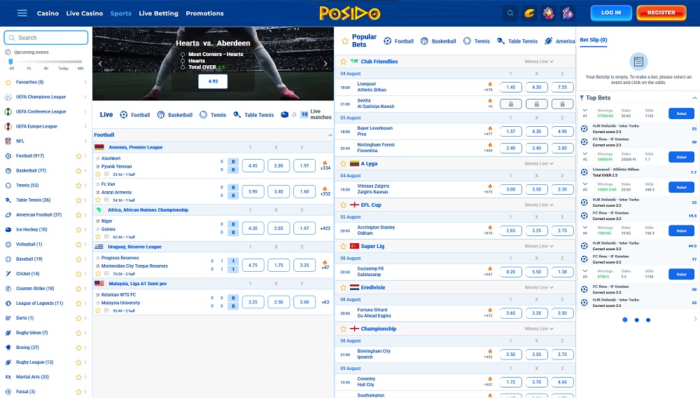Preview of the sportsbook section at Posido bookmaker