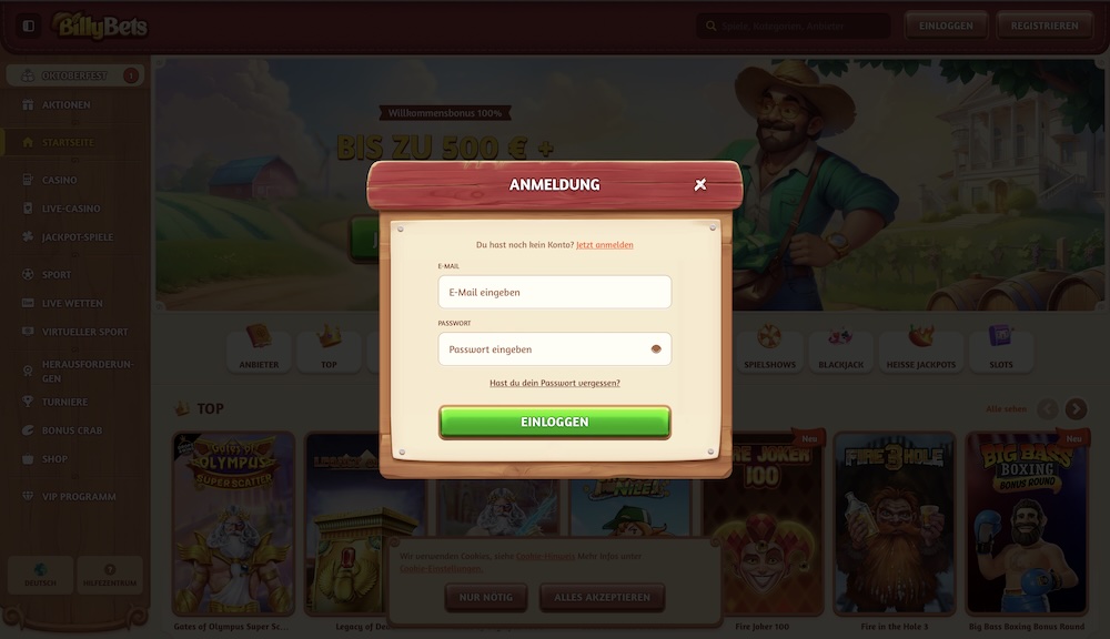 BillyBets Anmeldung