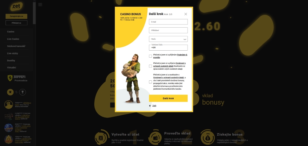 Formulario de registro del casino online ZetCasino con el bono de bienvenida seleccionado