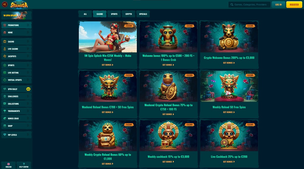 Preview of bonuses and promotions containing free spins at Spinanga online casino
