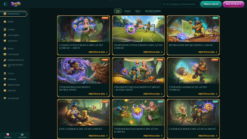 Náhled bonusů a promoakcí v online casinu a sázkové kanceláři 7Signs