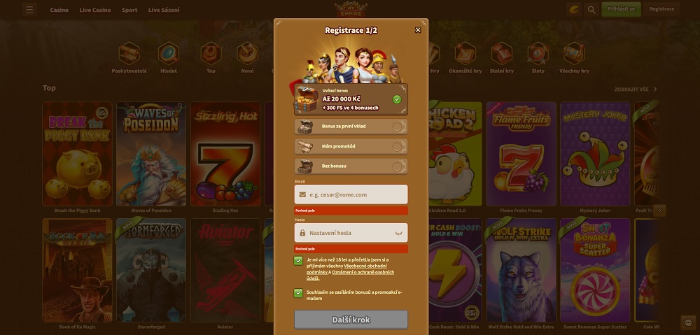 Vista previa del registro en My Empire