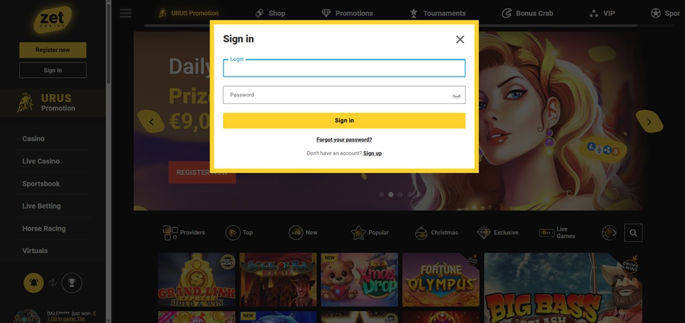 ZetCasino login en