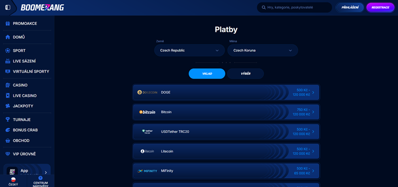Boomerang Bet vklad a výběr peněz