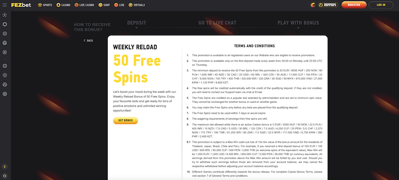 FEZbet Týdenní reload bonus