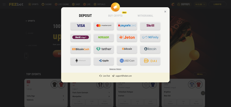 FEZbet vklad a výběr peněz