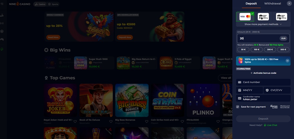 NineCasino deposit of money